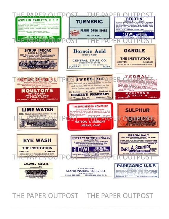 Apothecary Labels Digital Printable Kit Vintage Labels Pharmacy Labels Label Pictures Drugstore Labels Journal Labels