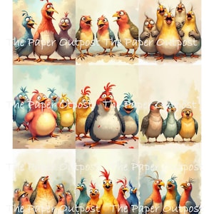 May include: A collage of nine panels featuring cartoon birds with expressive faces. The birds are in various colors, including red, blue, yellow, and orange. The text "The Paper Outpost" is visible in the image.