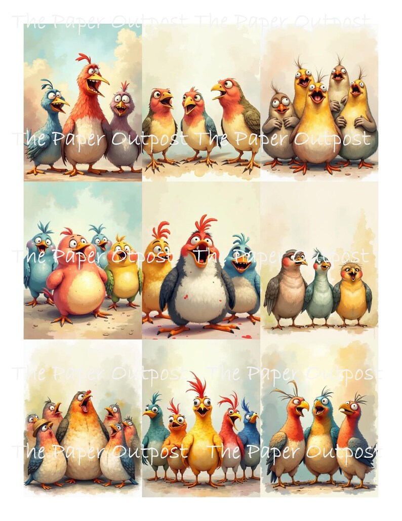 May include: A collage of nine panels featuring cartoon birds with expressive faces. The birds are in various colors, including red, blue, yellow, and orange. The text "The Paper Outpost" is visible in the image.