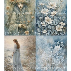May include: A digital collage of four images featuring a woman in a flowing blue dress, surrounded by white flowers and a blue and white floral background. The images are arranged in a grid pattern, with the woman in the top left corner, a floral pattern in the top right corner, the woman in the bottom left corner, and a floral pattern in the bottom right corner.