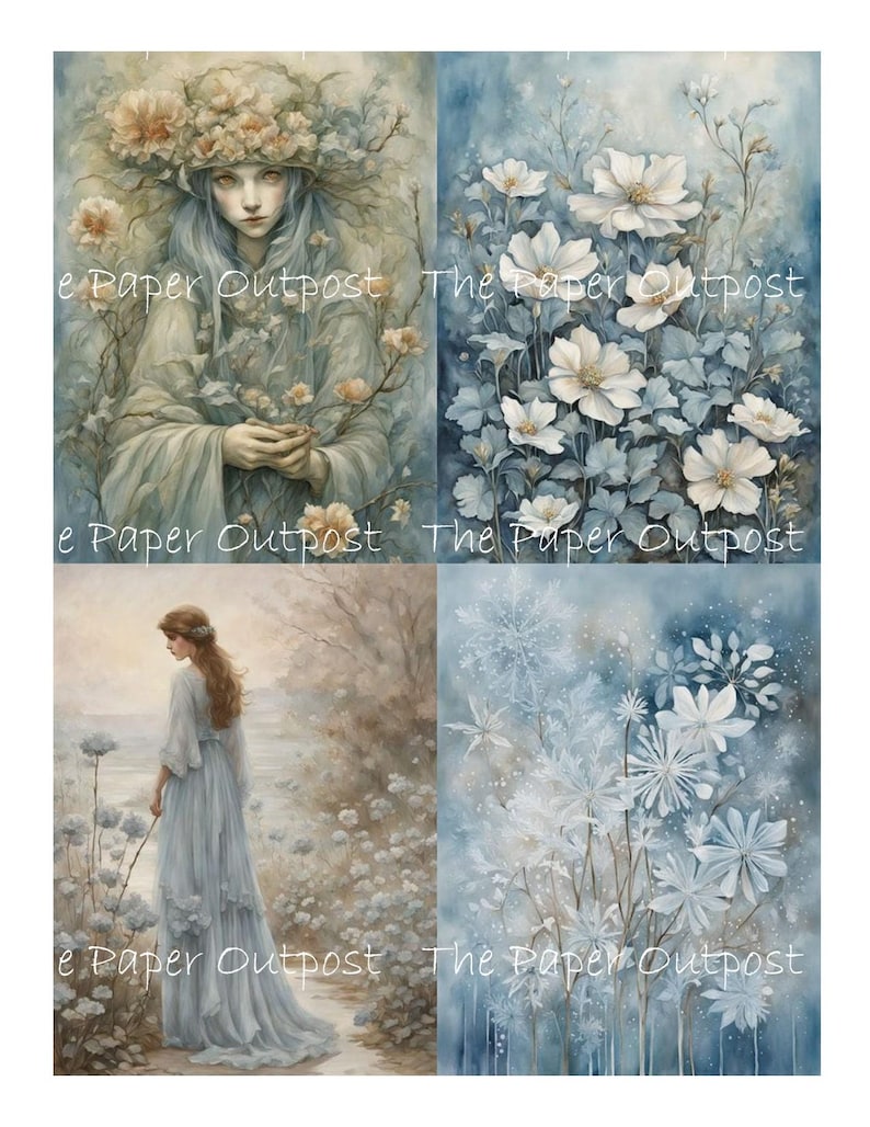 May include: A digital collage of four images featuring a woman in a flowing blue dress, surrounded by white flowers and a blue and white floral background. The images are arranged in a grid pattern, with the woman in the top left corner, a floral pattern in the top right corner, the woman in the bottom left corner, and a floral pattern in the bottom right corner.