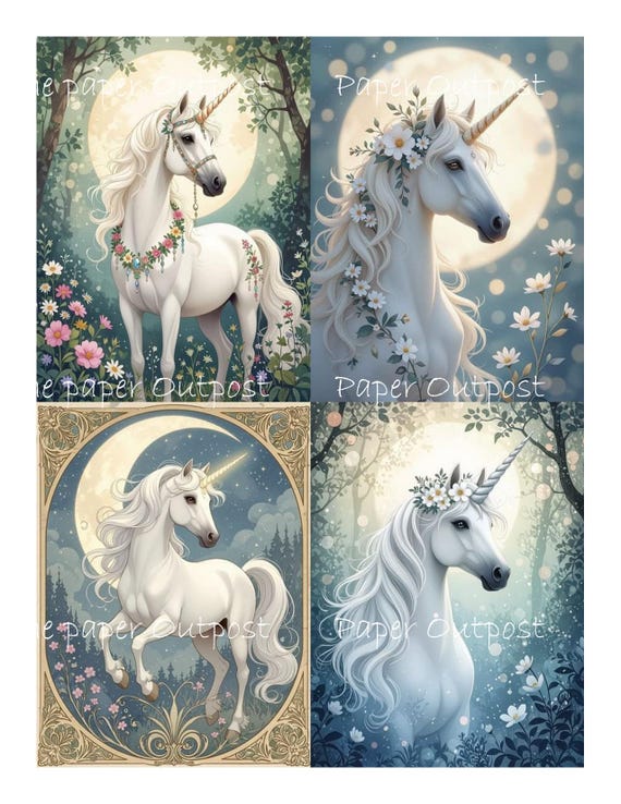 Unicorn Beauty Digital Collage Kit: Vintage Fantasy Art (Printable Download