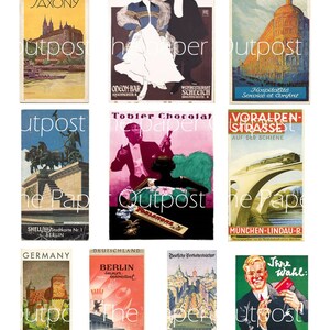 May include: A collage of vintage travel posters featuring destinations in Germany, including Berlin, Saxony, Nuremberg, and Franconia. The posters feature illustrations of buildings, landscapes, and people, and include text in German and English.