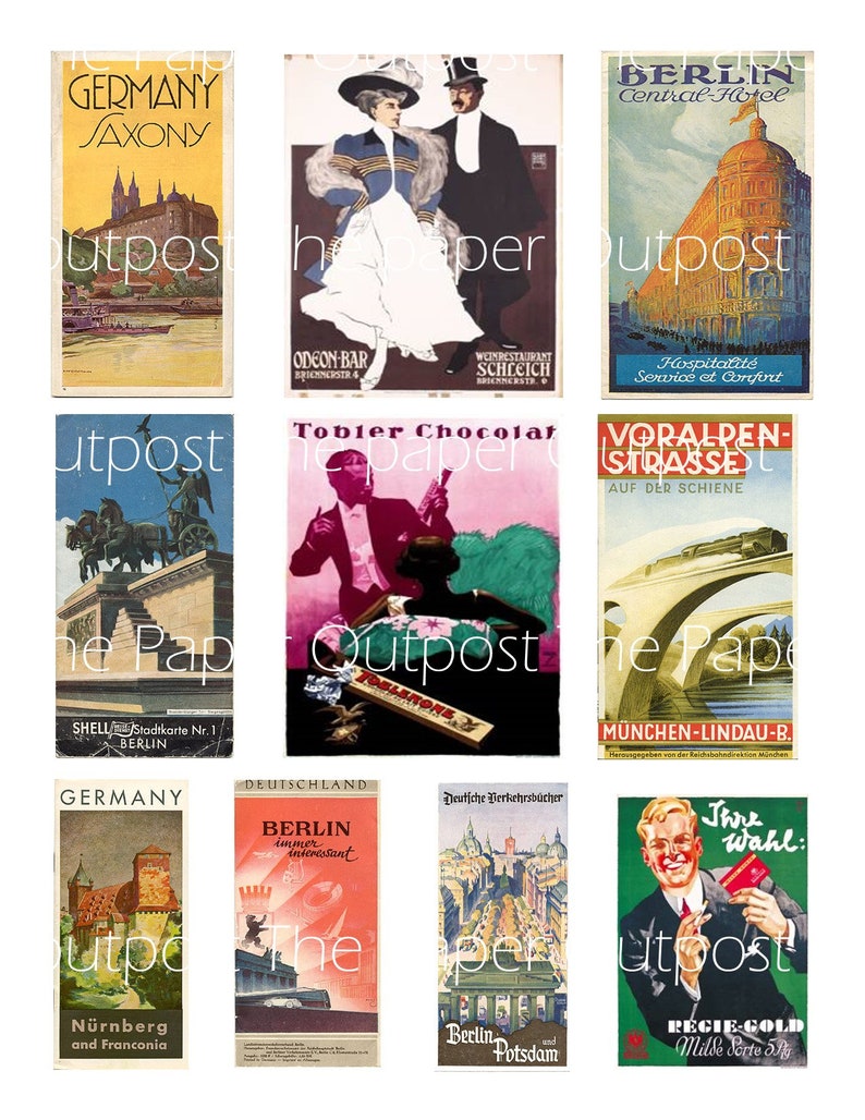 May include: A collage of vintage travel posters featuring destinations in Germany, including Berlin, Saxony, Nuremberg, and Franconia. The posters feature illustrations of buildings, landscapes, and people, and include text in German and English.