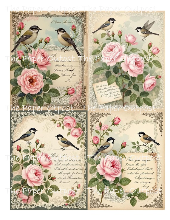 ROMANTIC ROSE GARDEN Digikit digital printable digital pink roses, birds and roses, vintage rose ThePaperOutpost paper outpost shop pam