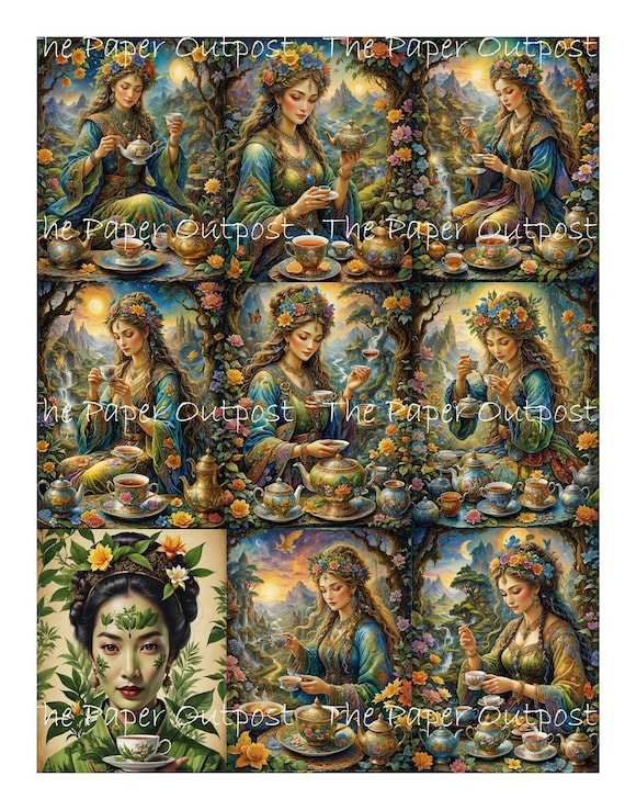 EXOTIC TEA Digikit Printable Image tea, teacup, teapot, Asian lady, Indian lady, Polynesian lady ThePaperOutpost paper outpost shop pam