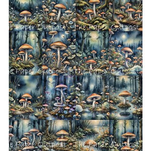 May include: A digital collage of nine images featuring a whimsical forest scene with glowing mushrooms in various shades of orange, red, and purple. The mushrooms are surrounded by lush greenery and a blue, reflective water surface. The background features a dark blue sky with a full moon and twinkling stars.
