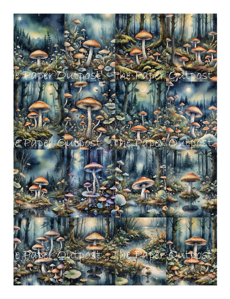 May include: A digital collage of nine images featuring a whimsical forest scene with glowing mushrooms in various shades of orange, red, and purple. The mushrooms are surrounded by lush greenery and a blue, reflective water surface. The background features a dark blue sky with a full moon and twinkling stars.