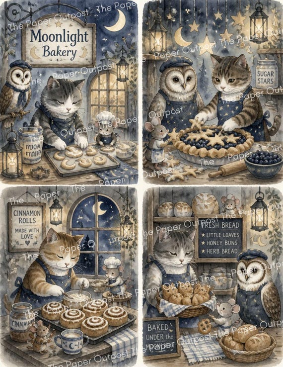 Moonlight Bakery Junk Journal Kit Whimsical Cat Mouse Owl Printable Ephemera, Bakery Digital Papers Baking Journal Pages Digital Download