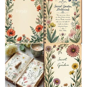 May include: A selection of botanical journals and notebooks with floral illustrations. The covers and pages feature poppies, daisies, and other wildflowers. The text on the journal reads "Secret Garden Botanicals" and "Secret vs Garden".