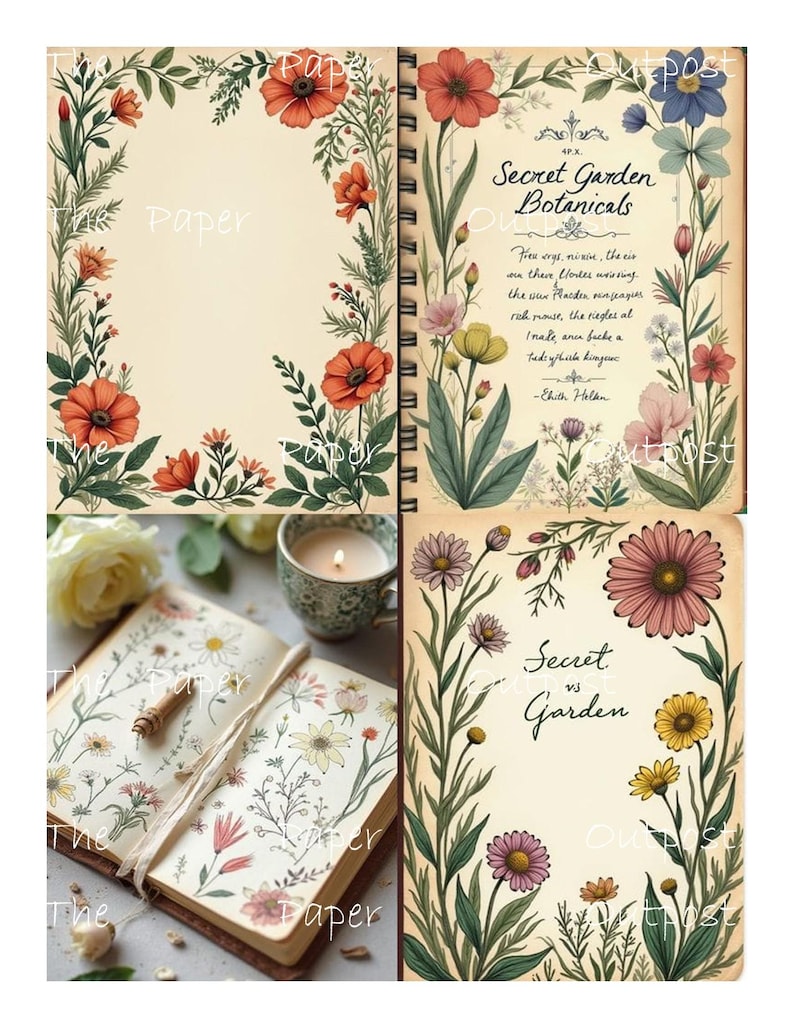 May include: A selection of botanical journals and notebooks with floral illustrations. The covers and pages feature poppies, daisies, and other wildflowers. The text on the journal reads "Secret Garden Botanicals" and "Secret vs Garden".