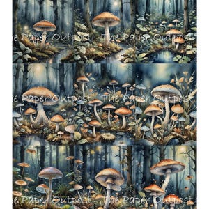 May include: A digital illustration of a forest scene with a variety of mushrooms in different sizes and colors. The mushrooms are growing in a clearing in the forest, surrounded by trees and ferns. The scene is lit by a soft, blue light, creating a magical and whimsical atmosphere.