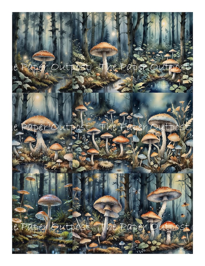 May include: A digital illustration of a forest scene with a variety of mushrooms in different sizes and colors. The mushrooms are growing in a clearing in the forest, surrounded by trees and ferns. The scene is lit by a soft, blue light, creating a magical and whimsical atmosphere.