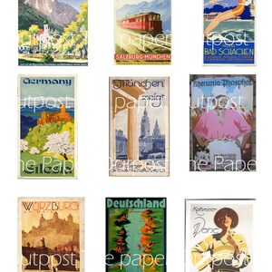 May include: Nine vintage travel posters featuring scenic landscapes and cityscapes. The posters are in various colors and feature text in German and English. The posters are all rectangular and have a white background.
