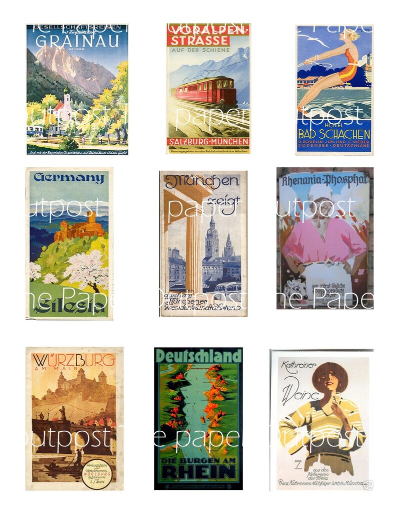 May include: Nine vintage travel posters featuring scenic landscapes and cityscapes. The posters are in various colors and feature text in German and English. The posters are all rectangular and have a white background.