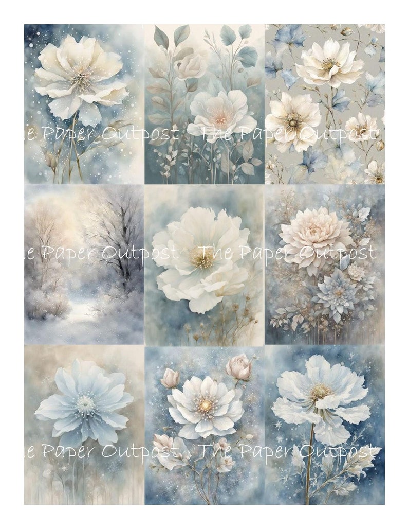 May include: A digital collage of nine watercolor paintings featuring white flowers with blue and gray backgrounds. The flowers are in various stages of bloom and are surrounded by delicate leaves and stems.