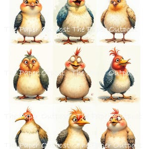 May include: Nine cartoon chicks with expressive faces are displayed on a white background. Each chick has a unique color scheme, including yellow, blue, orange, and brown. The chicks have fluffy bodies, small wings, and red crests. The image is from "The Paper Outpost".