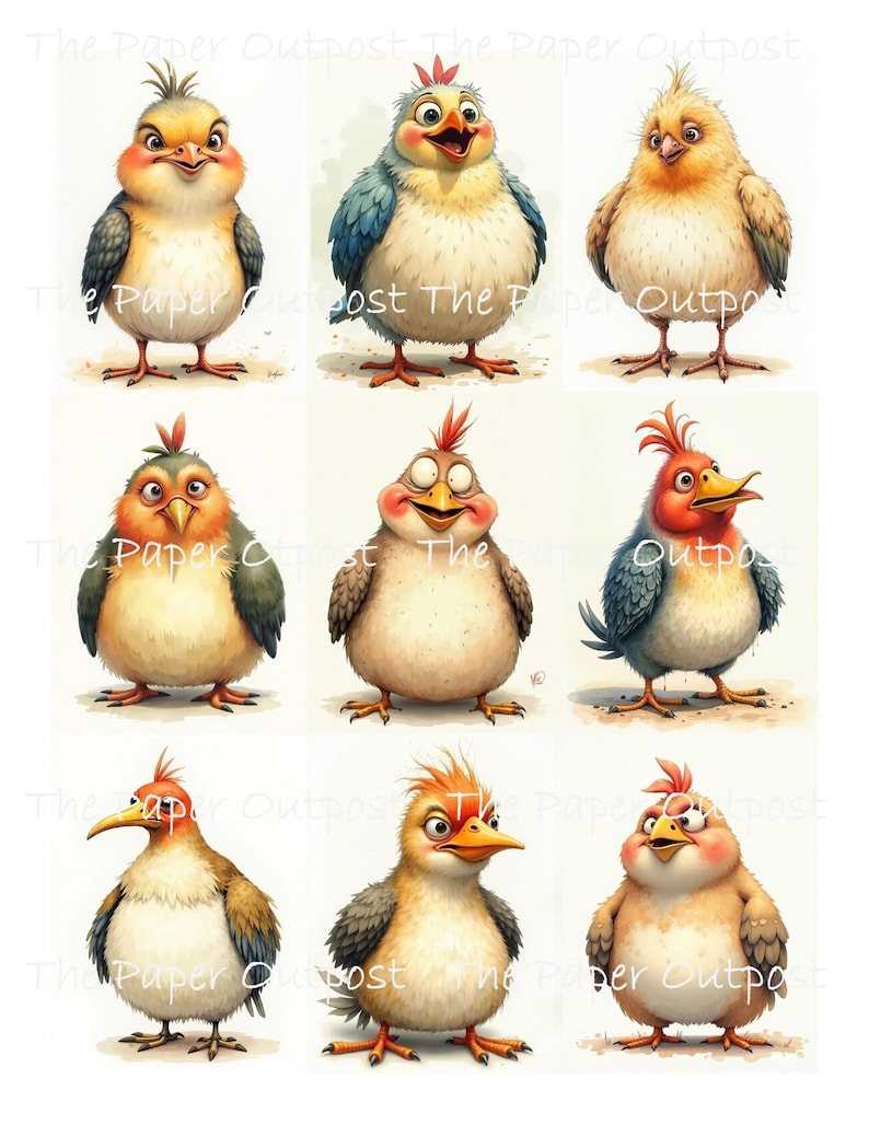 May include: Nine cartoon chicks with expressive faces are displayed on a white background. Each chick has a unique color scheme, including yellow, blue, orange, and brown. The chicks have fluffy bodies, small wings, and red crests. The image is from "The Paper Outpost".