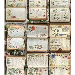 May include: Several open vintage books with botanical illustrations and handwritten text. The pages display colourful floral designs, including red, yellow, and purple flowers, with the words "The Paper Outpost" visible.