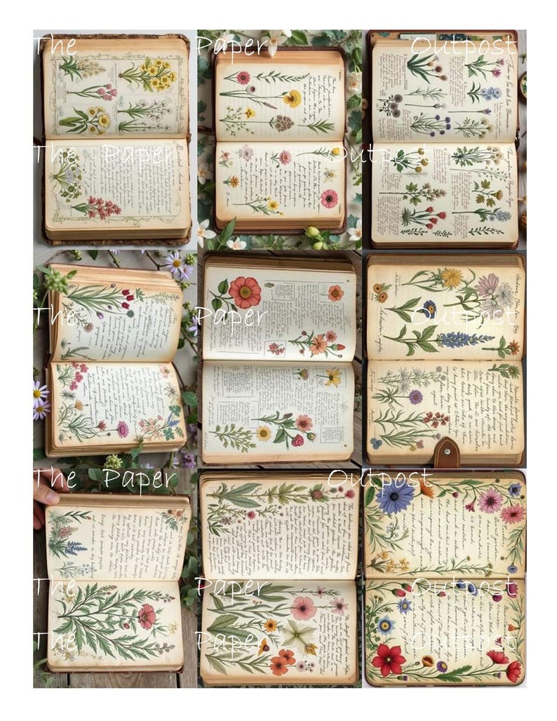 May include: Several open vintage books with botanical illustrations and handwritten text. The pages display colourful floral designs, including red, yellow, and purple flowers, with the words "The Paper Outpost" visible.