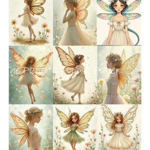 May include: A collage of nine illustrations featuring fairies with butterfly wings. The fairies are depicted in various poses, wearing dresses in shades of white, cream, and green. The wings are detailed with intricate patterns and colors, set against a soft, floral background.