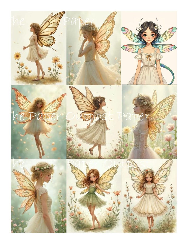 May include: A collage of nine illustrations featuring fairies with butterfly wings. The fairies are depicted in various poses, wearing dresses in shades of white, cream, and green. The wings are detailed with intricate patterns and colors, set against a soft, floral background.
