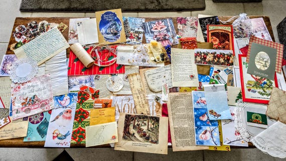 Christmas Ephemera Bundle Kit 2026! Antique  + Vintage Papers, Stickers,  Stencils, Xmas Junk Journal Supplies, buttons, over 100 + pieces!