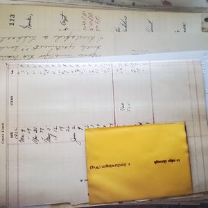 以下が含まれることがあります： 手書きの文字が書かれた古くて黄色くなった紙の束と、「to edge through」と「s durchzwingen (Weg)」と書かれた黄色の封筒。