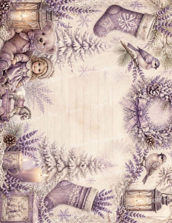 Lavender Christmas Stationery Junk Journal Paper, Purple Christmas Printable Stationery, Vintage Holiday Journal Pages, The Paper Outpost