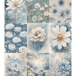 May include: A digital collage of nine images featuring watercolor paintings of white and blue flowers. The images are arranged in a 3x3 grid. The flowers are depicted in various stages of bloom, with some flowers fully open and others still in bud. The background of the images is a soft blue, with hints of white and gray.
