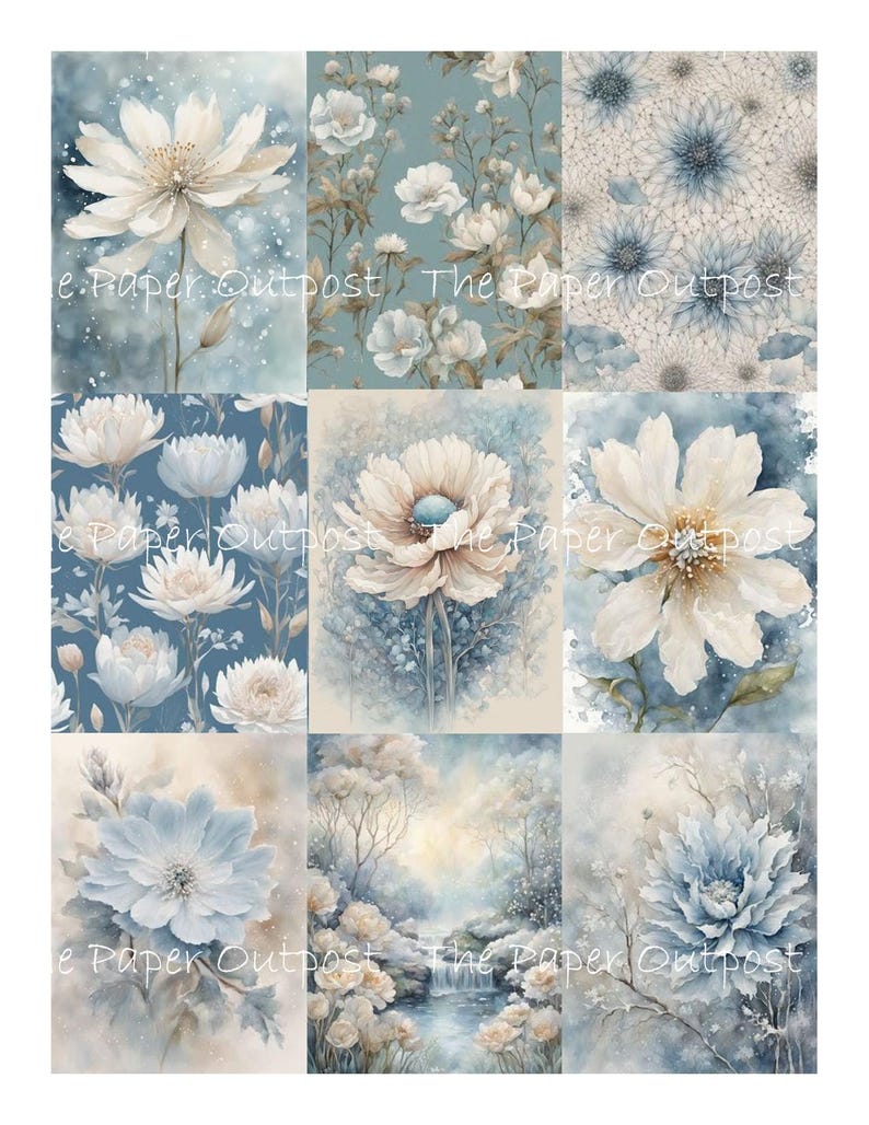 May include: A digital collage of nine images featuring watercolor paintings of white and blue flowers. The images are arranged in a 3x3 grid. The flowers are depicted in various stages of bloom, with some flowers fully open and others still in bud. The background of the images is a soft blue, with hints of white and gray.