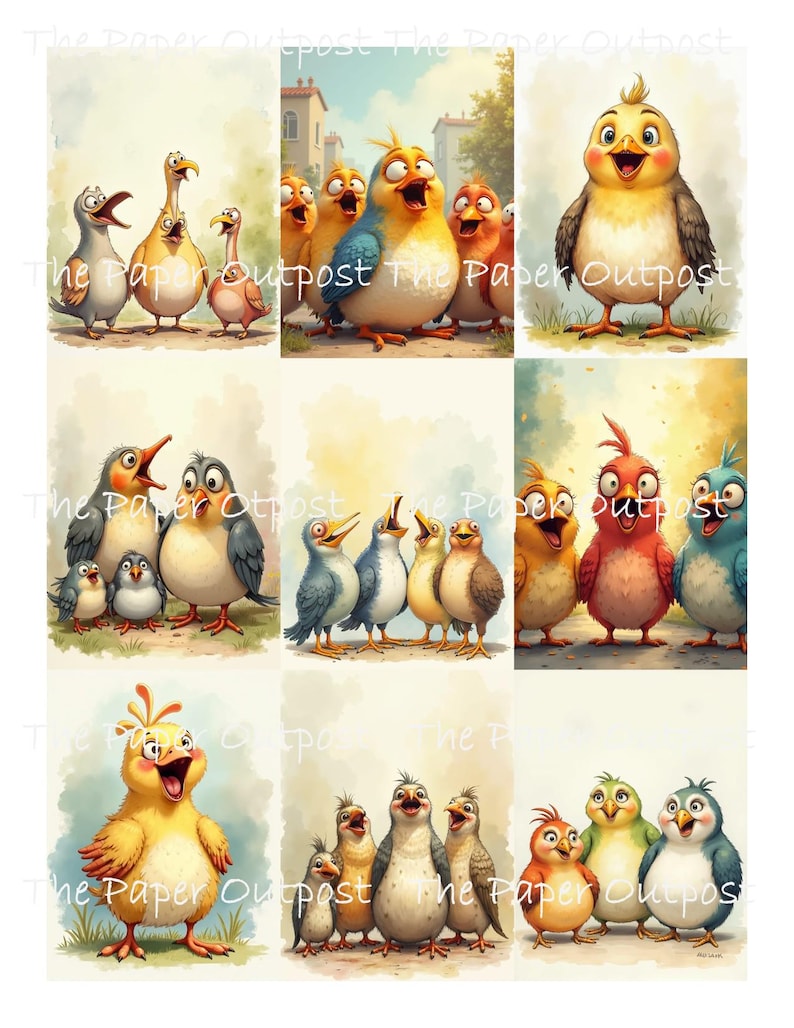 May include: A collection of nine whimsical illustrations of cartoon birds in various poses. The birds are depicted in vibrant colors, with expressive faces and exaggerated features. The artwork has a watercolor style, with soft backgrounds.