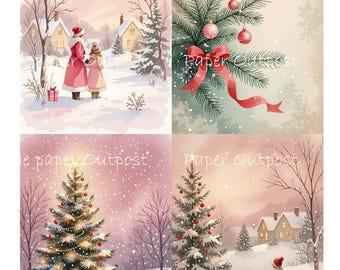 Pink Christmas Printable Images: Vintage Santa, Holiday Scenes (Digital Download)