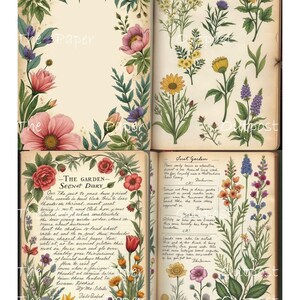 May include: A set of vintage journal pages with floral illustrations. The pages feature botanical drawings of various flowers and handwritten text, including the title "The Garden - Secret Diary." The color palette includes soft greens, pinks, and yellows.