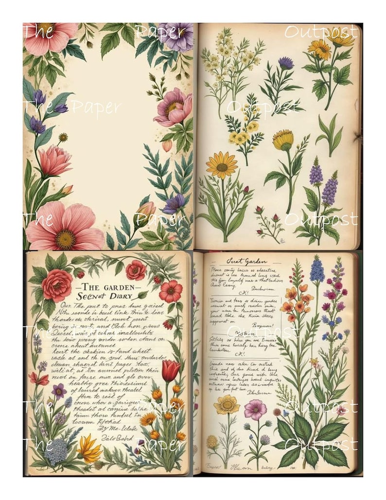 May include: A set of vintage journal pages with floral illustrations. The pages feature botanical drawings of various flowers and handwritten text, including the title "The Garden - Secret Diary." The color palette includes soft greens, pinks, and yellows.