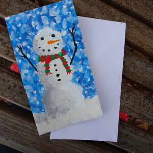 Cartão de boneco de neve pintado à mão, tinta acrílica.