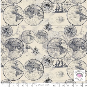 Mapas oceánicos por David Textiles CA-3135-8C-2 100% Algodón - 44/45" de ancho, Tela cortada a medida, Tela globo, Tela náutica, Geografía