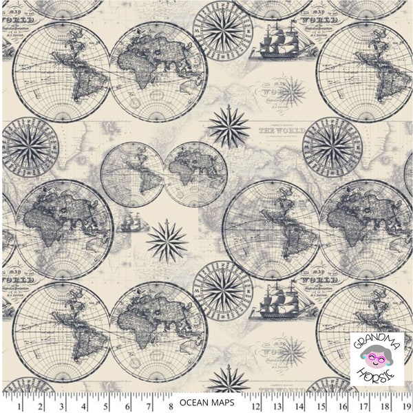 Ocean Maps by David Textiles CA-3135-8C-2 100% Cotton - 44/45" Wide, Fabric by the Yard, Globe Fabric, Nautical Fabric, Geography