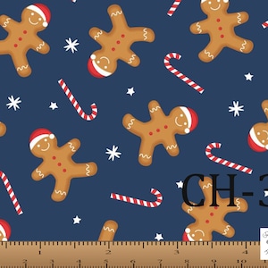 Kerststof op maat gesneden, Peperkoek Shuffle, Candy Cane, Donkerblauwe Kerst Santa Slee Sneeuwvlokken 100% katoen, 45 &quot;Marshall Dry Goods