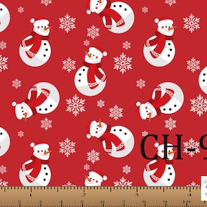 Christmas Fabric by the Yard, Smiling Snowmen, Red Christmas Santa Sleigh Snowflakes 100% cotton, 45&quot; Marshall Dry Goods