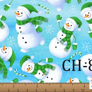 Christmas Fabric by the Yard, Holly Jolly Snowmen, Blue Christmas Santa Sleigh Snowflakes 100% cotton, 45&quot; Marshall Dry Goods