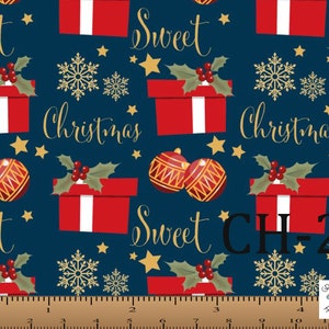 Kerststof op maat gesneden, Cadeaus all Over, Donkerblauw Kerst Santa Slee Sneeuwvlokken 100% katoen, 45&quot; Marshall Dry Goods