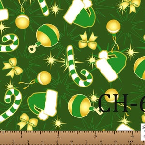 Christmas Fabric by the Yard, Holiday Spark Green Ornaments, Blue Christmas Santa Sleigh Snowflakes 100% cotton, 45&quot; Marshall Dry Goods