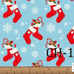 Christmas Fabric by the Yard, Festive Stocking Candy Cane, Blue Christmas Santa Sleigh Snowflakes 100% cotton, 45&quot; Marshall Dry Goods