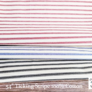 54" Ticking Stripe Duck 100% Cotton Cream and Blue Farmhouse fabric, Medium Weight, Cream and Blue, Cream and Red