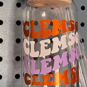 20oz. Clemson retro font drinking glass. Perfect for gift for friend, college/high graduation, tailgating, iced coffee, Tiger fan, and more image 2