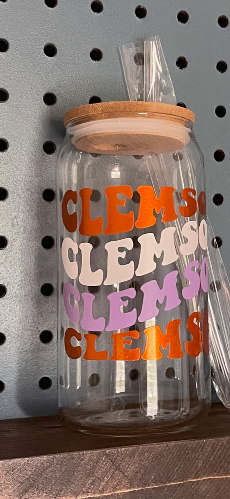 20oz. Clemson retro font drinking glass. Perfect for gift for friend, college/high graduation, tailgating, iced coffee, Tiger fan, and more image 2