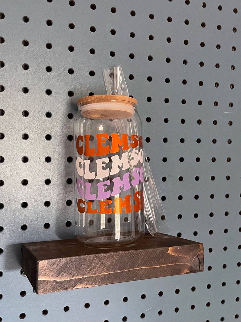 20oz. Clemson retro font drinking glass. Perfect for gift for friend, college/high graduation, tailgating, iced coffee, Tiger fan, and more image 1