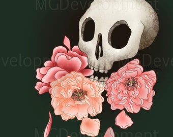 Digital Art Print - Skull and Flowers - Green