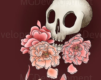Digital Art Print - Skull & Flowers - Red